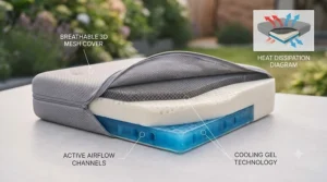 Diagram illustrating how breathable mesh fabric and cooling gel disperse body heat for wheelchair users.