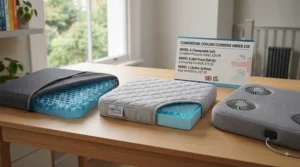 Wheelchair user comfortably seated outdoors on a breathable cooling cushion designed for extended daily use.