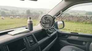 A 12V clip-on fan plugged into a dashboard, keeping the interior of a campervan cool on the road