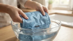 Close-up of hands submerging a mesh cooling vest for dogs into cold tap water before a summer walk.