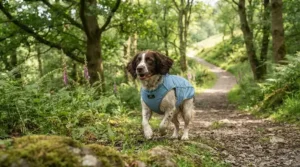 Working spaniel wearing a breathable blue cooling vest while walking along a shaded British countryside trail.