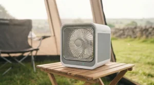 A compact, rechargeable battery-powered fan sitting on a picnic table, designed for keeping cool inside a tent