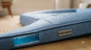 Close-up of a pressure-activated blue cooling mat for dogs, highlighting how it provides immediate relief during warm British summer days.