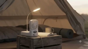 A sleek rechargeable power bank fan sitting on a desk in a modern UK home office, showing its multi-speed LED display.