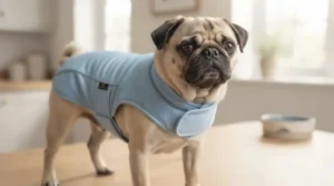 A Pug wearing a fitted cooling wrap designed to help flat-faced dog breeds stay comfortable during warm weather.