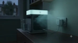 Compact bedroom air cooler with a soft ambient LED night light glowing in a dark UK bedroom.