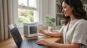 A compact desktop evaporative cooler providing targeted personal cooling in a British home office setup.