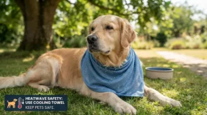 Veterinary advice graphic highlighting heatstroke prevention for dogs using a pet cooling towel during hot weather.