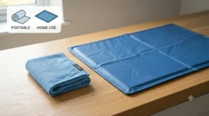 Infographic comparing portability and usage benefits of a pet cooling towel versus a rigid cooling mat.