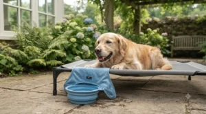 A dog resting in the shade with a portable travel water bowl alongside its cooling vest on a hot day.