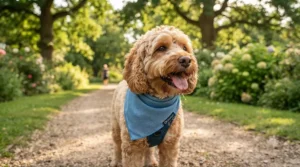 Happy Cockapoo wearing a lightweight pet cooling towel as a neck wrap during a park walk.