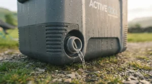 Close-up of the easy-drain plug on a portable camping cooler for simple post-trip cleaning[cite: 8].