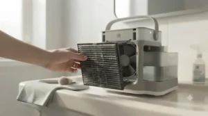 Removable cooling pad filter of a personal air cooler being cleaned for routine maintenance.