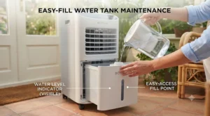 Close-up view of a homeowner easily refilling the removable water tank of a portable evaporative cooler before use.