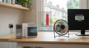 Energy efficiency comparison graphic showing how a rechargeable personal AC saves on electricity bills compared to standard wall units.