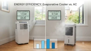 Infographic comparing the low energy consumption and electricity cost savings of an evaporative cooler versus traditional air conditioning.