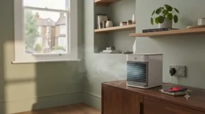 Energy-efficient mini air cooler plugged into a wall socket, demonstrating low power consumption for a UK household.