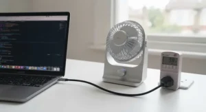 A low-wattage USB-C desk fan connected to a laptop port, highlighting energy-efficient cooling for the home workspace