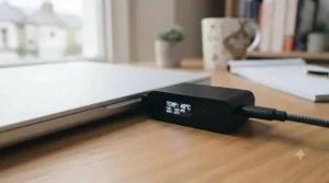 Laptop elevated at an ergonomic typing angle using an integrated USB-C cooling device on a wooden desk.