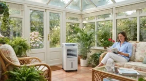 A modern evaporative cooler operating inside a bright British conservatory on a warm summer day, providing efficient and natural cooling.