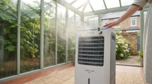 An efficient evaporative cooler cooling down a glass-roofed UK conservatory on a hot afternoon.