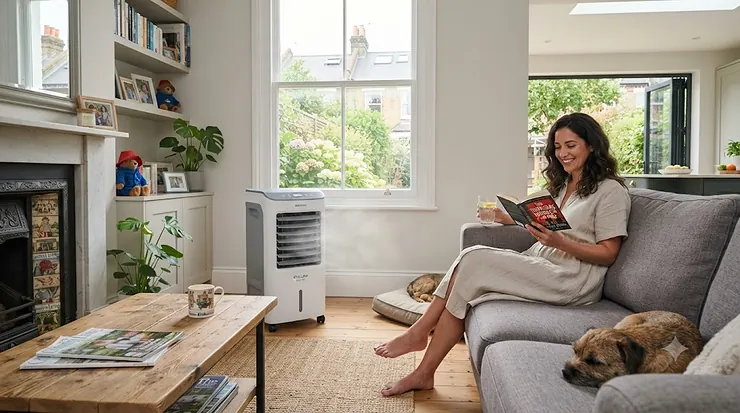 A modern portable evaporative cooler operating in a bright British living room during a warm summer day. evaporative cooler