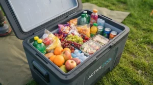 Interior view of a portable camping cooler packed with drinks and food for a family weekend away[cite: 2].