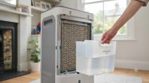 Demonstrating how to refill the water tank of an evaporative cooler to ensure continuous cooling performance.
