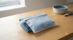 Compactly folded pet cooling towel stored neatly inside a breathable waterproof travel pouch.