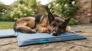 Large German Shepherd relaxing comfortably on a foldable gel cooling pad designed to regulate body temperature without electricity or refrigeration.