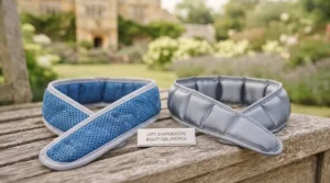 Side-by-side comparison of gel-filled and water-activated dog cooling collar designs.