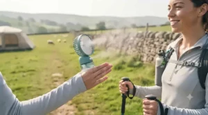 A hiker holding a portable hand-operated misting fan on a sunny walking trail in the countryside