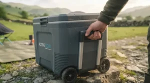 Close-up of rugged hinges and durable latches on a heavy-duty camping cooler built for outdoor adventures[cite: 5].