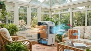 Technical illustration showing how an evaporative air cooler draws in warm conservatory air and passes it through wet cooling pads.