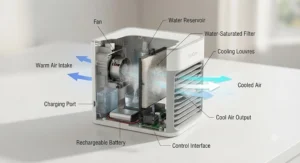 Technical illustration explaining how a rechargeable personal air conditioner draws in warm air and passes it through a cooling filter.