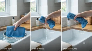 Step-by-step diagram showing how to soak, wring, and activate a pet cooling towel in cold water.