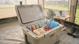 A heavy-duty insulated camping cool box packed with drinks and ice packs for a festival weekend