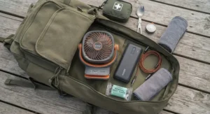 Portable USB camping fan and rugged power bank laid out next to outdoor gear for a UK weekend trip.