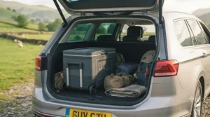 Portable camping cooler packed neatly into the boot of a family car alongside travel luggage[cite: 6].