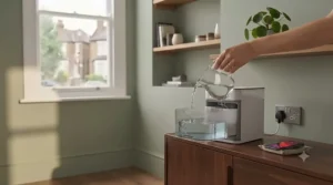 Portable evaporative air cooler featuring an easy-fill water tank being refilled for overnight bedroom use.