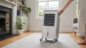 A lightweight evaporative air cooler showing easy-glide castors for smooth portability around a UK home.
