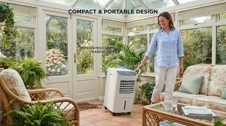 A sleek, lightweight evaporative cooler featuring heavy-duty caster wheels for smooth mobility between rooms and conservatory spaces. evaporative cooler for conservatory