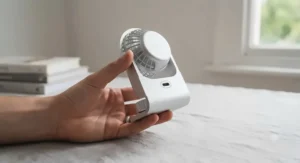 A portable USB-C desk fan held in hand to demonstrate its lightweight design and compact size for easy travel