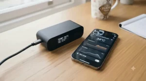 Compact USB-C laptop cooling device resting beside a smartphone to highlight its travel-friendly size.