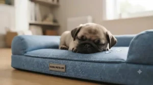 A cute pug puppy resting on a small, comforting orthopaedic cooling bed designed for young dogs during heatwaves.