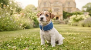 Small Jack Russell puppy wearing an extra-small dog cooling collar in the garden on a sunny afternoon.