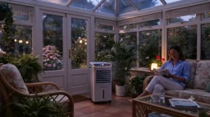A quiet evaporative cooling unit operating smoothly in a cozy glass conservatory during a pleasant British summer evening.