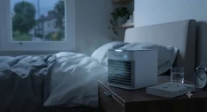 A quiet rechargeable personal air conditioner placed on a bedside table to keep cool through humid British nights.