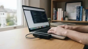 Student using a quiet USB-C cooling device on a laptop in a quiet university library.