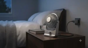 A quiet USB-C desk fan operating on a bedside table, illustrating low-noise airflow suitable for sleeping